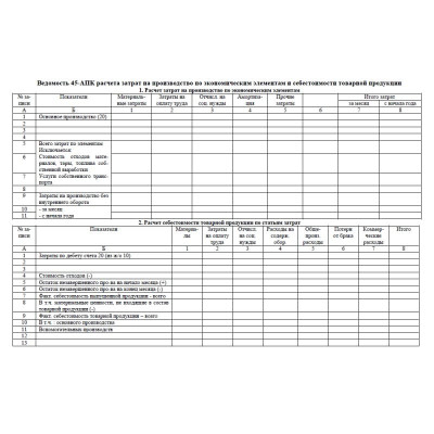 45-АПК. Ведомость расчета затрат на производство по экономическим элементам и себестоимости товарной продукции
