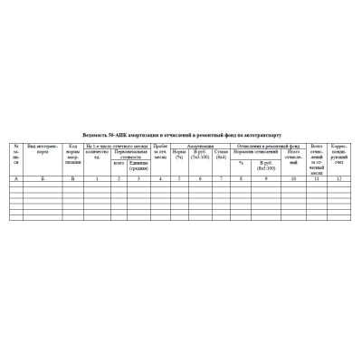 50-АПК. Ведомость начисления амортизации и отчислений в ремонтный фонд по Автотранспорту